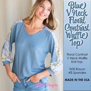 BLUE V NECK FLORAL CONTRAST WAFFLE TOP